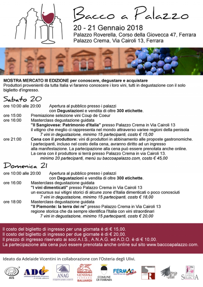 “BACCO A PALAZZO”: a Ferrara il 20 e 21 gennaio 2018